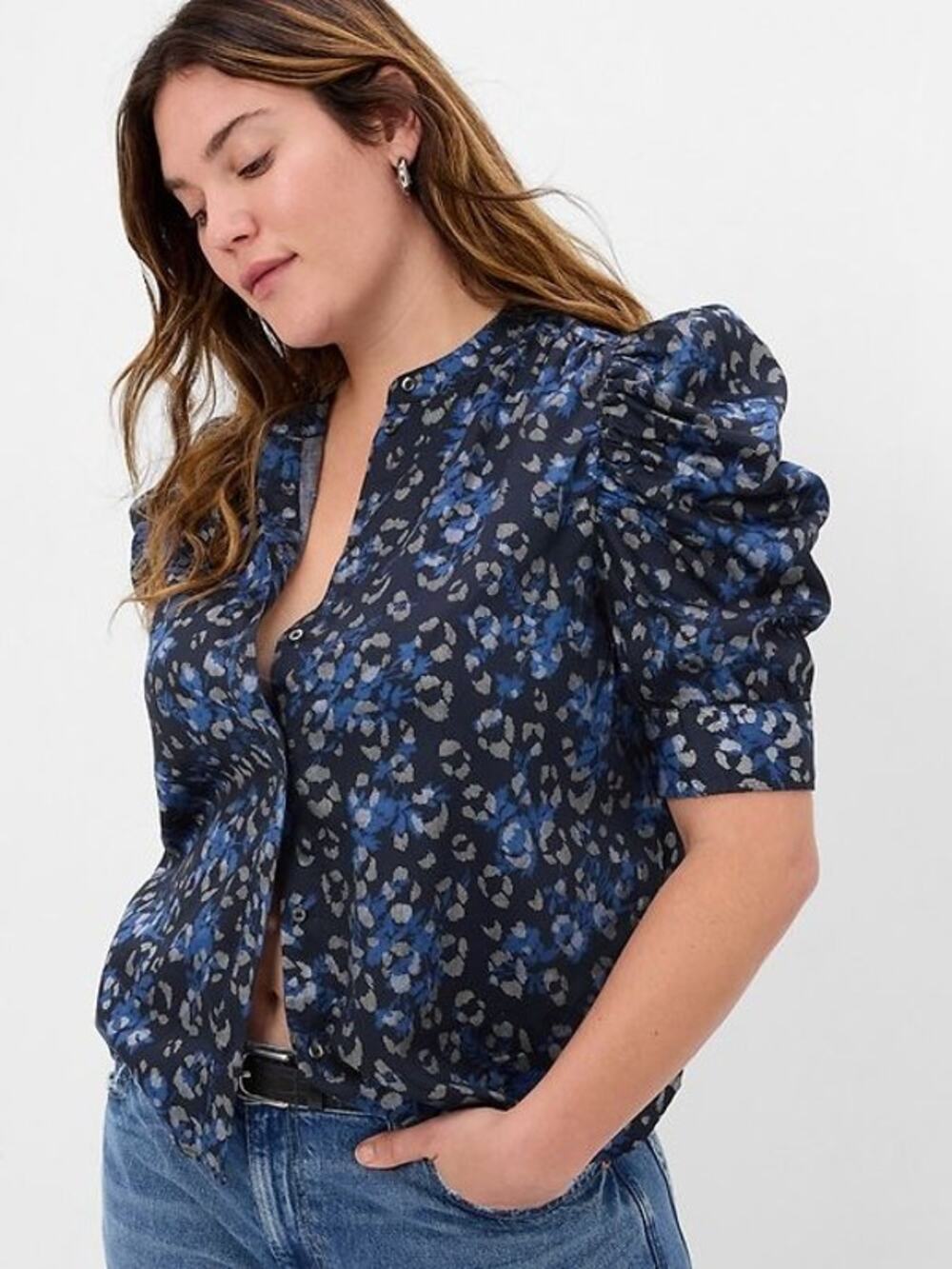 GAP Puff Sleeve Button Shirt Womens XL Blue Leopard Print
